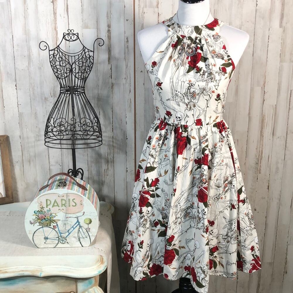 Folter Cotton Halter Dress With Skeletons and Roses Size XS